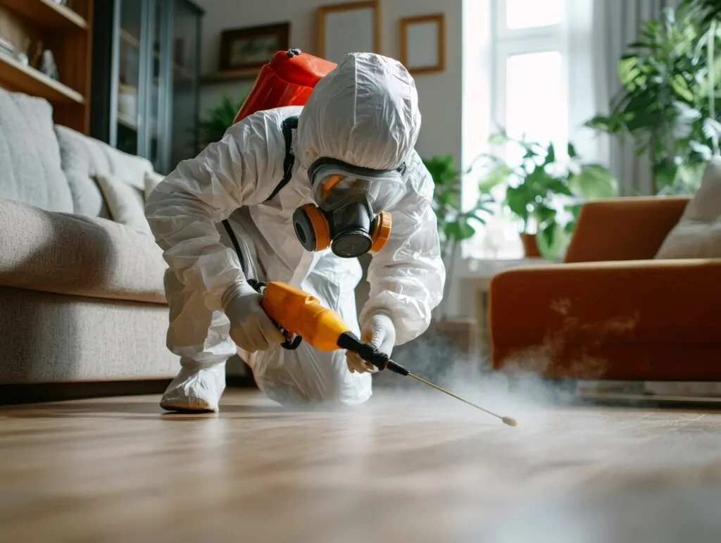 Professional pest control specialist in protective suit spraying pesticide in a modern living room to eliminate pests and ensure safe environment. Home