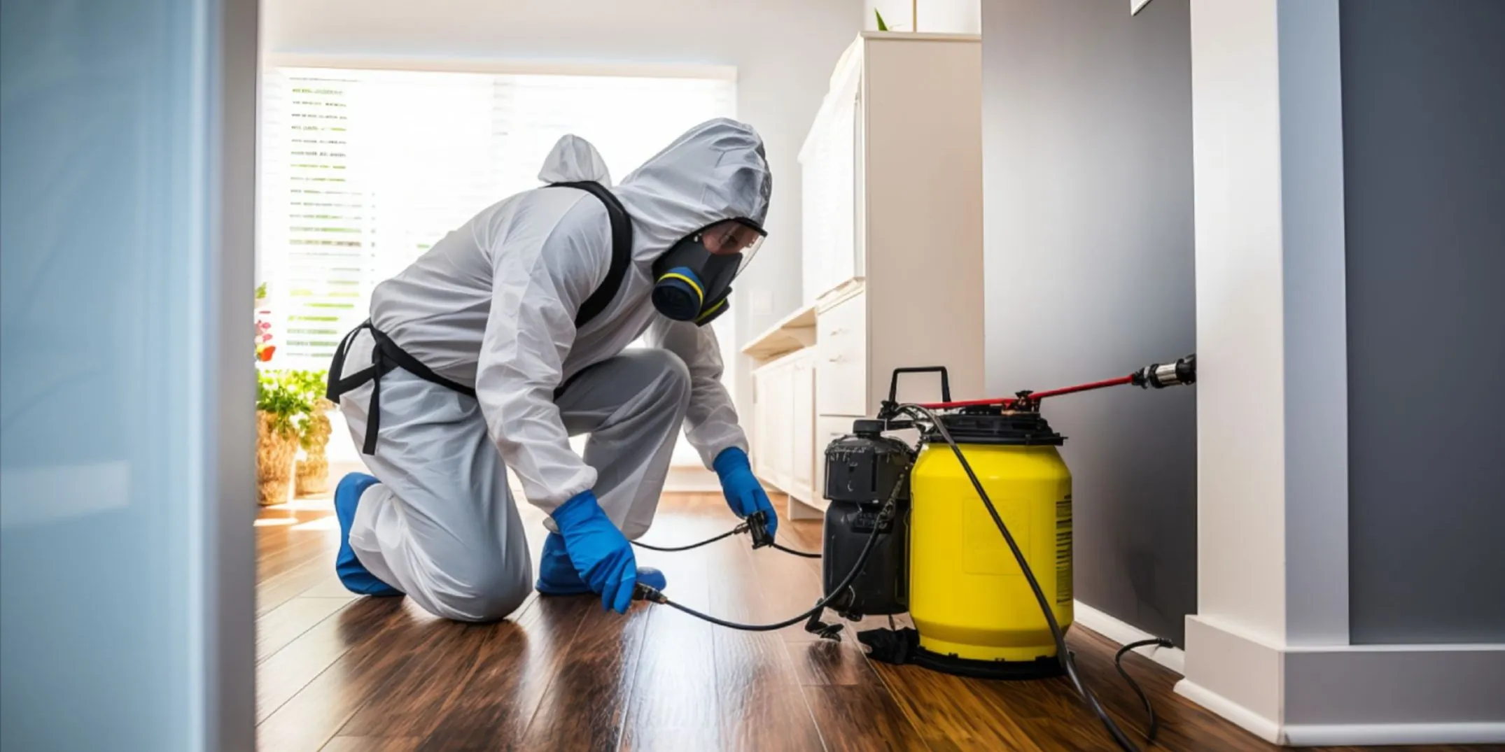 Pest control professional performing preventive pest control treatment Pest control professional performing preventive pest control treatment