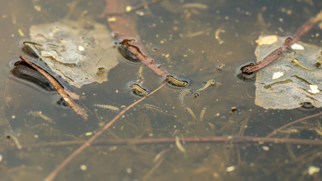 Mosquito Control Treatment showing mosquito larvae thriving in a stagnant water ecosystem during their ephemeral life cycle.