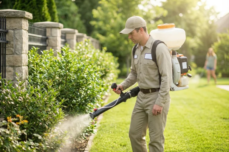 Mosquito Control Treatment performed by a uniformed pest control worker spraying a residential property.