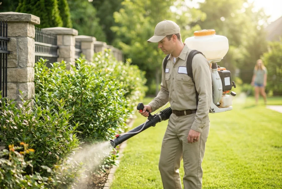 mosquito-control-treatment-pest-control-worker-residential-spray Mosquito Control Treatment performed by a uniformed pest control worker spraying a residential property.