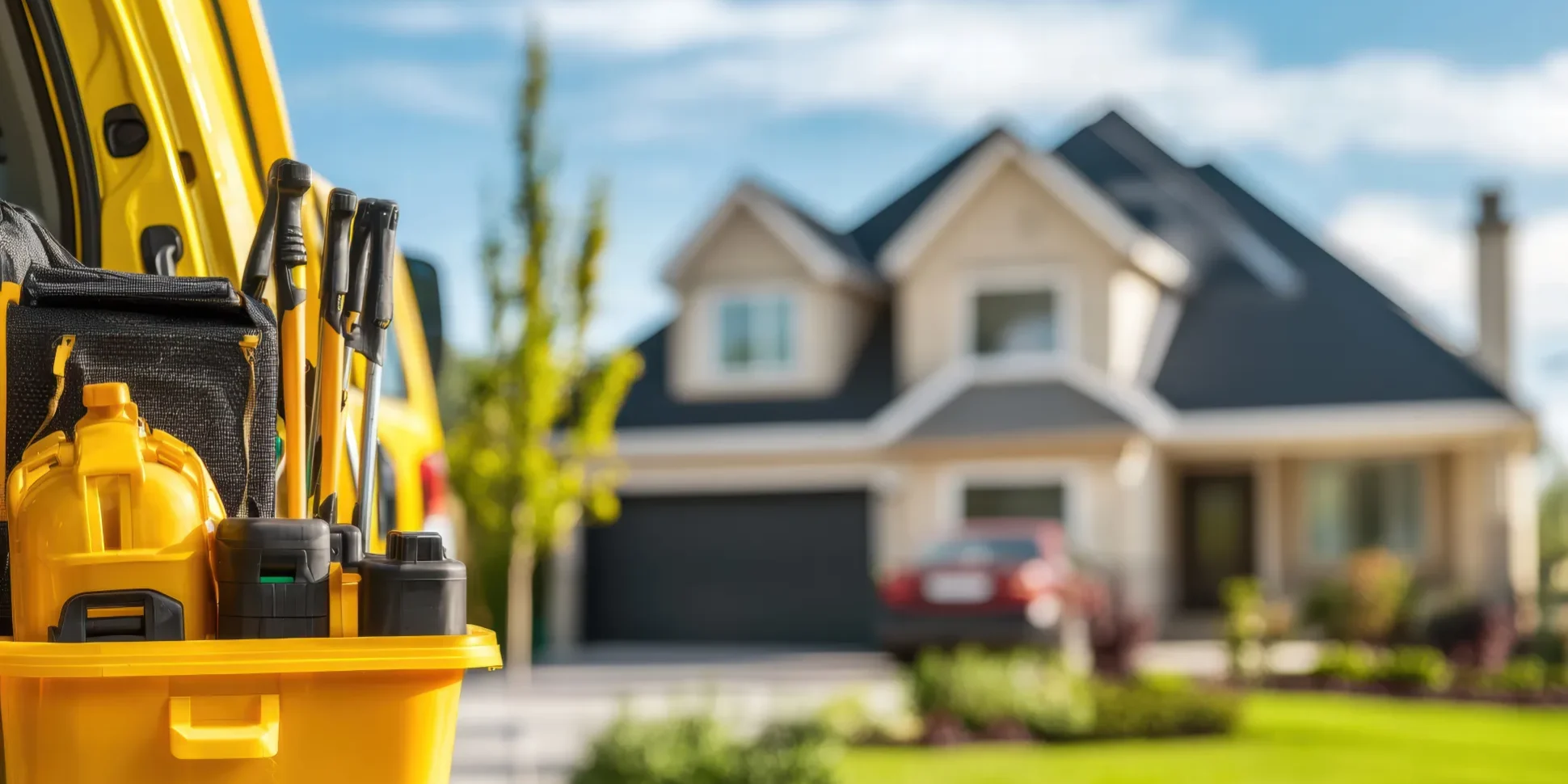 new-home-pest-control-equipment-vehicle Close-up of pest control equipment in a vehicle parked in front of a beautiful home, highlighting New Home Pest Control services.