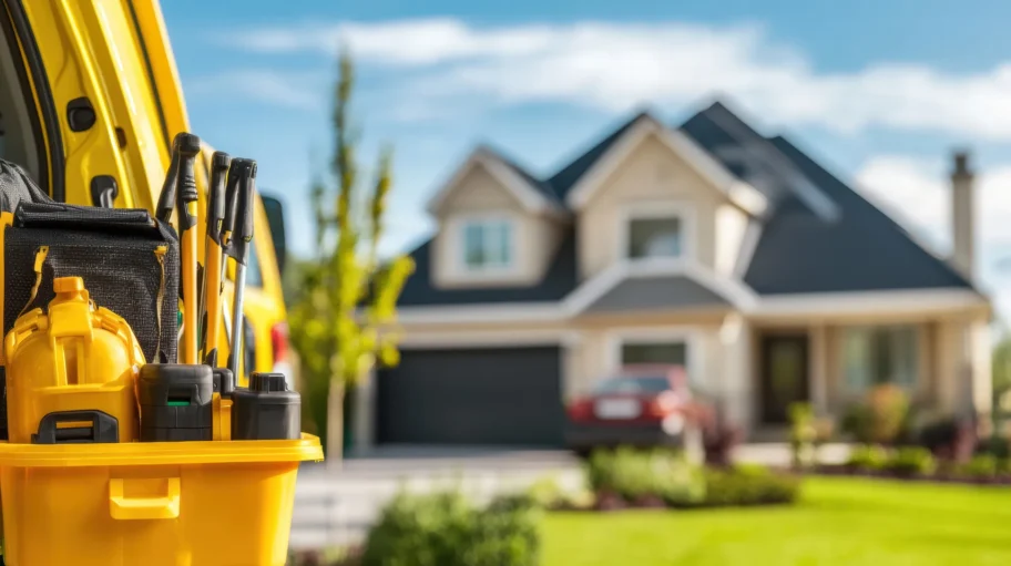 new-home-pest-control-equipment-vehicle Close-up of pest control equipment in a vehicle parked in front of a beautiful home, highlighting New Home Pest Control services.