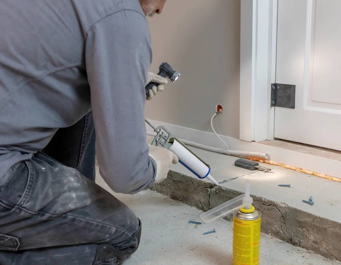 New Home Pest Control: Complete Guide for New Homeowners 4 Technician sealing entry points in a new home to prevent pests, demonstrating effective New Home Pest Control.