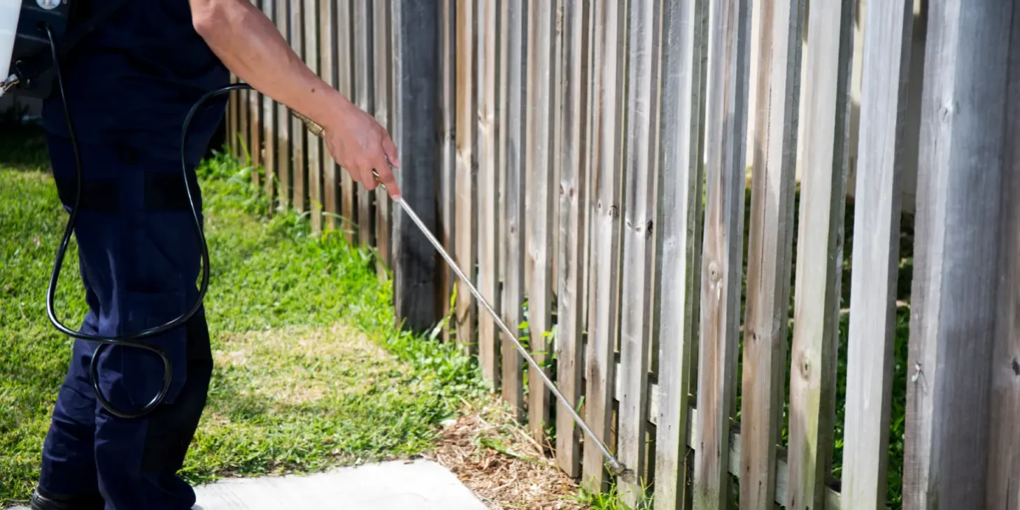 A pest control technician spraying the base of a wooden fence as part of a scorpion control treatment in a Phoenix backyard.