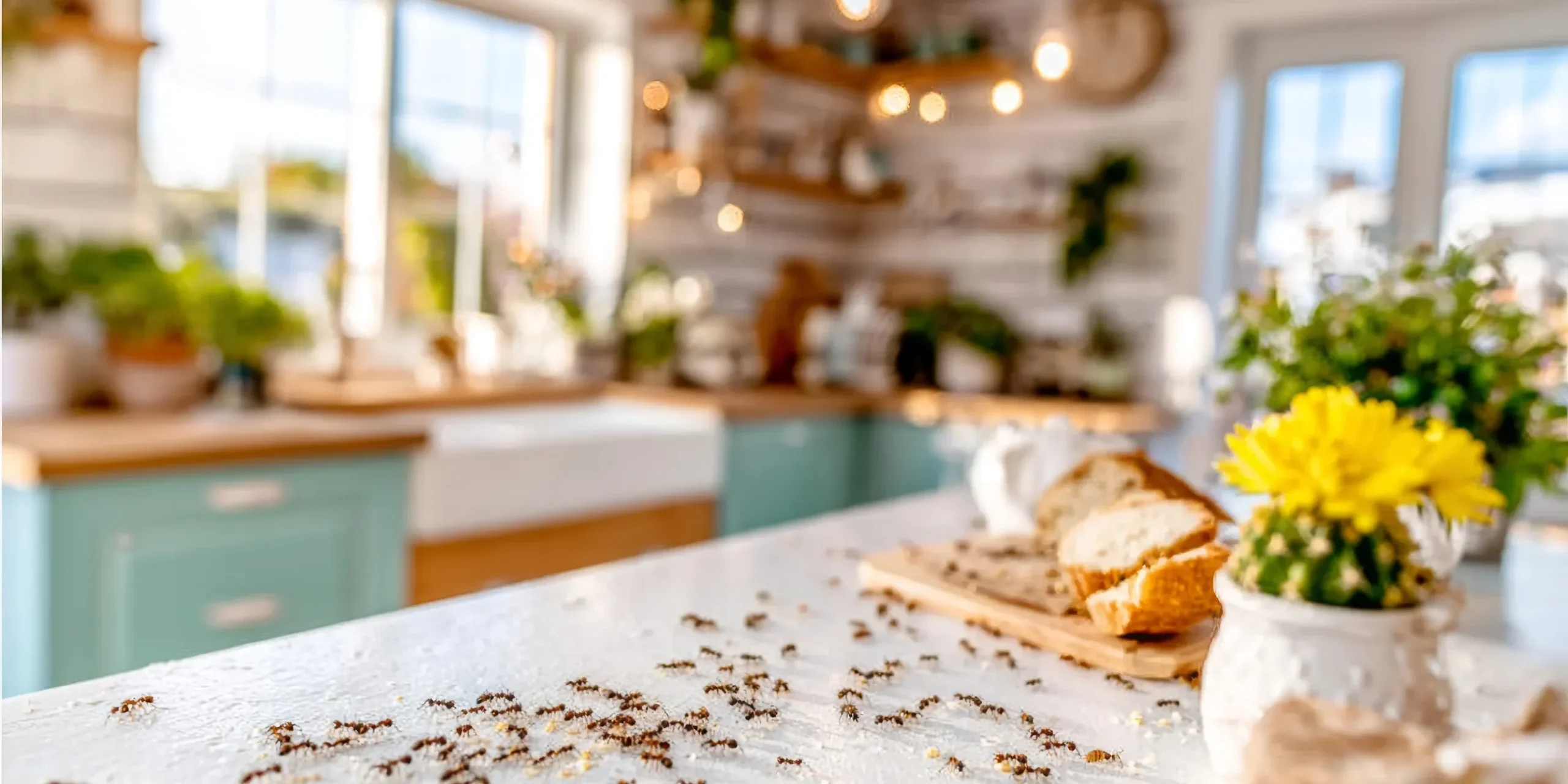 ant-control-phoenix-ants-trailing-across-kitchen-counter Ants trailing across a kitchen counter toward food in a Phoenix home needing ant control