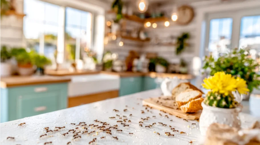 Ants trailing across a kitchen counter toward food in a Phoenix home needing ant control