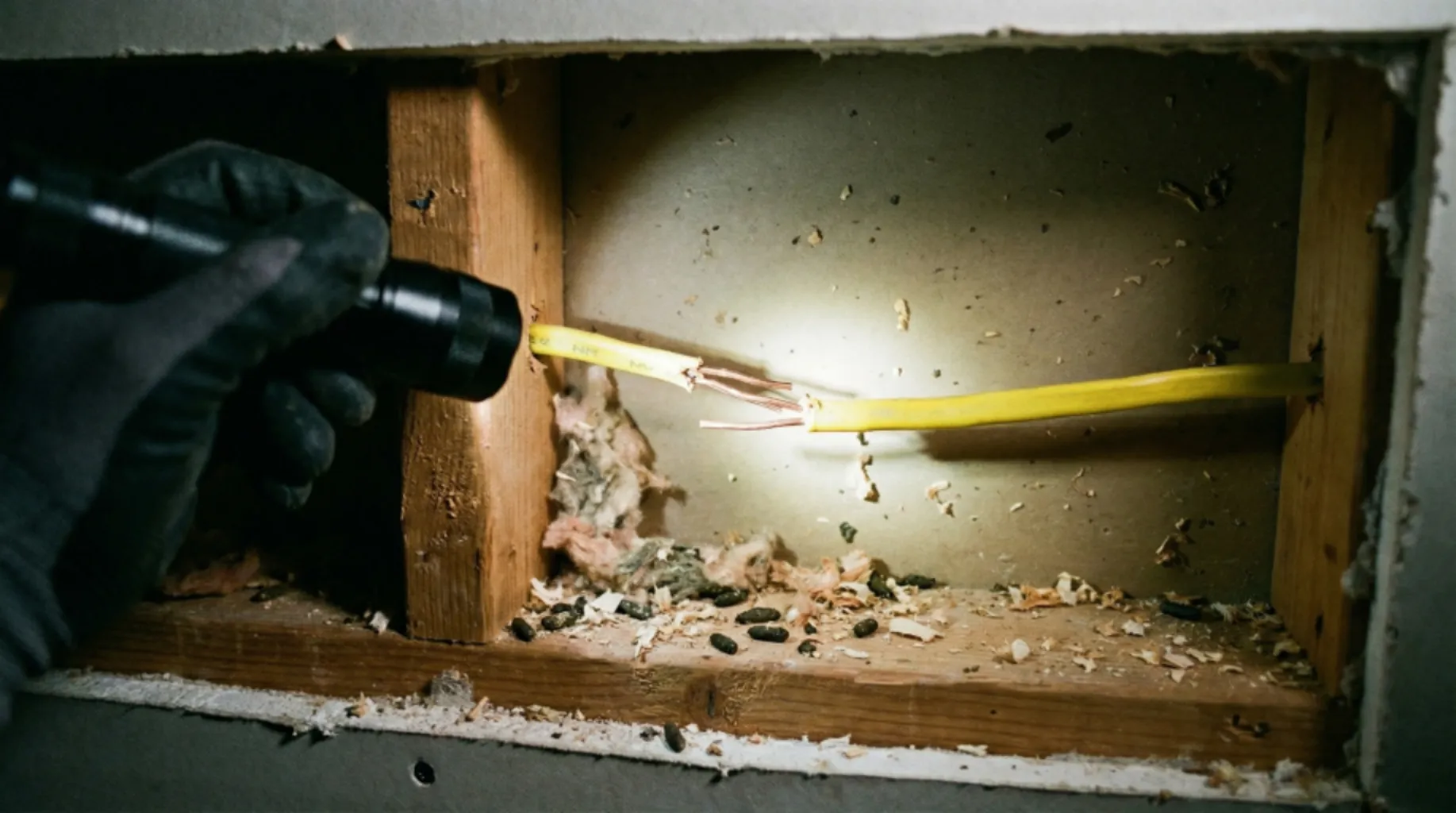 Rodents chew through electrical wiring inside a wall cavity in a Maricopa County home