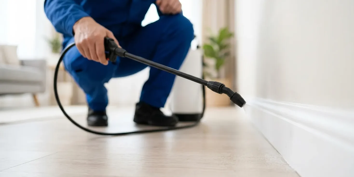 Technician applying home pest control spray along a baseboard