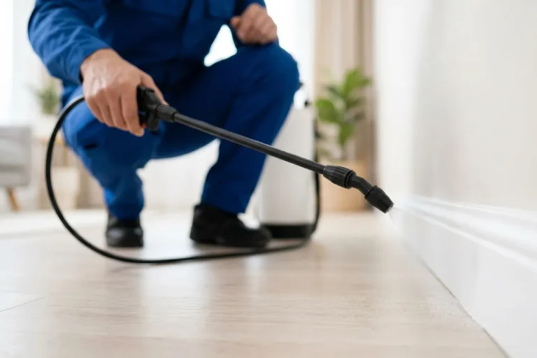 Technician applying home pest control spray along a baseboard