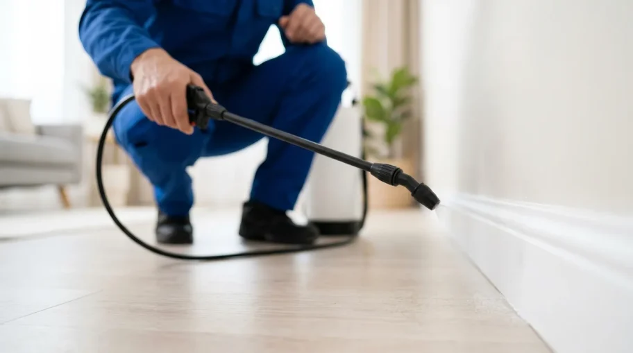 Technician applying home pest control spray along a baseboard