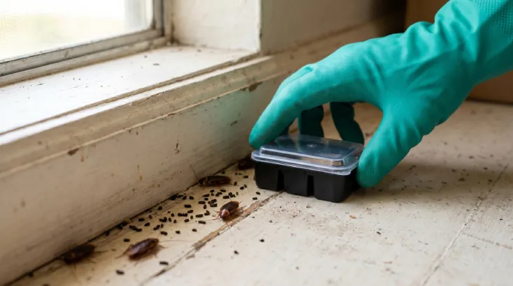 Pest control technician placing a bait trap for late summer cockroach activity near a windowsill