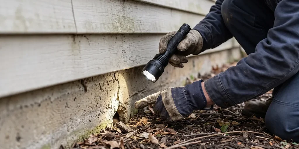 Technician inspecting a home foundation entry point as part of a year-round pest control plan in Phoenix