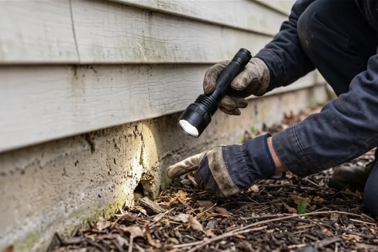 Technician inspecting a home foundation entry point as part of a year-round pest control plan in Phoenix