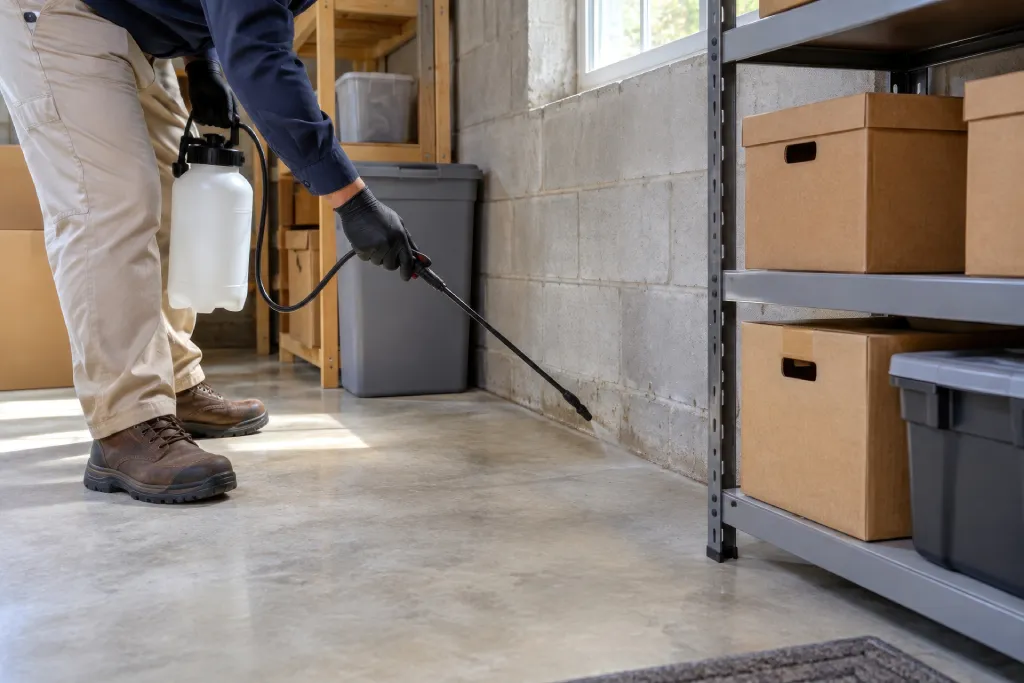 Technician applying interior treatment along a garage baseboard as part of a year-round pest control plan in Phoenix